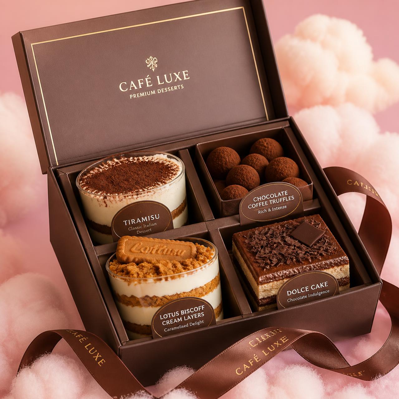 علبة حلويات Candy Cloud مفتوحة تحتوي على تيراميسو وترافل شوكولاتة وطبقات لوتس ودولتشي كيك
